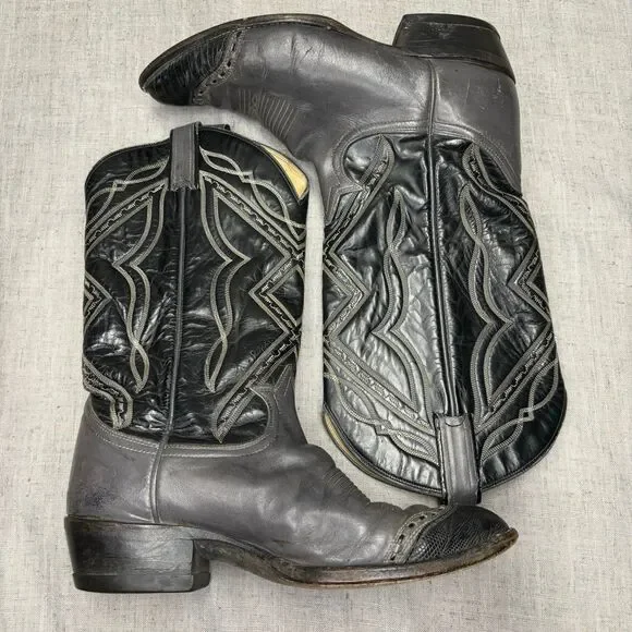 Tony Lama Vintage Cowboy Boots Grey Black Leather Western Top Stitching Size 9 - Picture 11 of 11